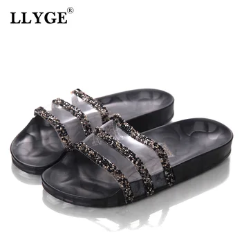 

Women Summer Bling Slip On Home Slippers Woman Sequins Transparent Flat Platform Casual Slides Female Non Slip Shoes Lady