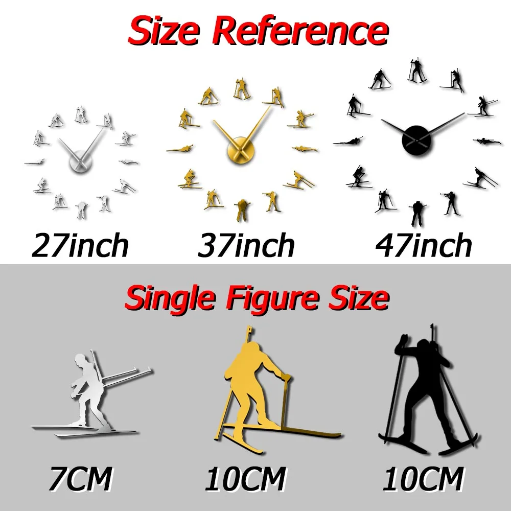 Ski People Diy Giant Wall Clock Decor For Home Winter Sport Biathlon Quartz Clock Quiet Sweep Skiing Wall Sticker Watch Art Gift