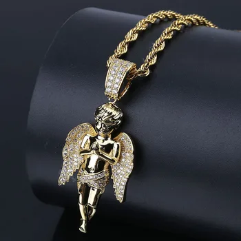 

Hip Hop Punk Fashion Man Gold-plat Necklaces Men Chain 2020 Jewelry Both Hands Namaste Angel Pendent Two-color AAA Zircon Gothic