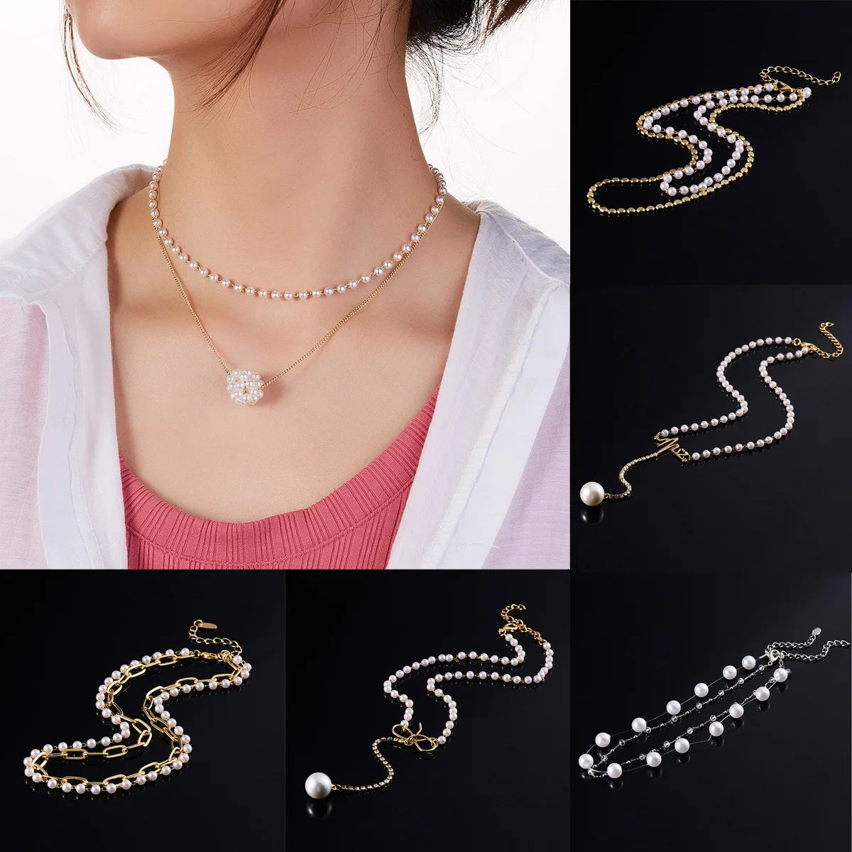 

Korean-style Chain Pearl Necklace Creative Double Layer Crystal Bow Long Chain Pearl Necklace Versatile Necklace-