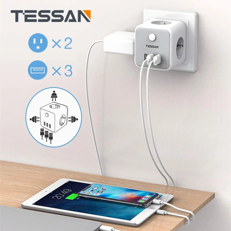 

TESSAN EU Wall Socket Power Strip with 3 AC Outlets 3 USB Ports Overload protection 6-in-1 Socket on/off Switch EU Plug