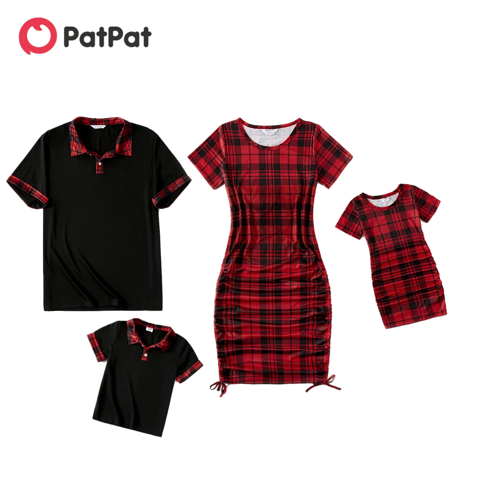 PatPat Family Matching Red Plaid Short-sleeve Mini Dresses and Polo Shirts Sets