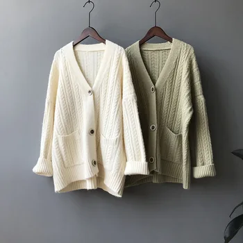 

2019 New Autumn Winter Lazy Wind Loose Female Sweaters Single Breasted V Neck Pockets Twisted Knitted Top Women Cardigan