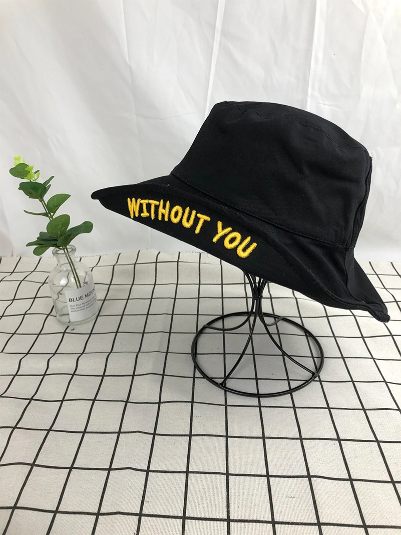 Новинка, однотонная Рыбацкая шляпа с вышитыми буквами, шляпа-ведро, желтая шляпа, уличная охотничья Панама, кепка, складная Солнцезащитная шляпа для весны - Цвет: Black