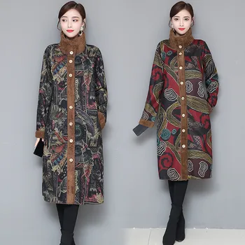 

Autumn Winter Cotton Jackets Women Vintage Plus velvet Windbreaker 2019 new Loose Large Size Womens print button Long Coat xa299