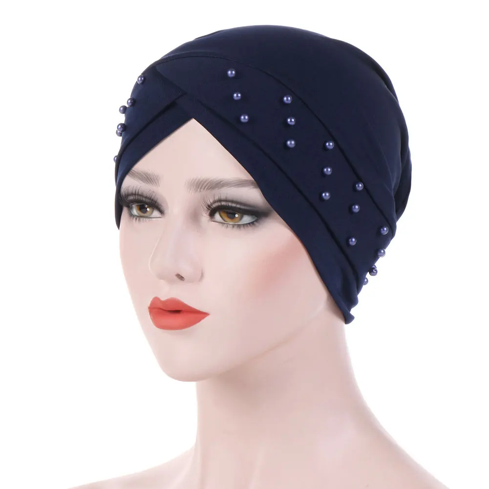 Женская шапка-чалма в западном стиле, шапочка для химиотерапии, головной убор из бисера, аксессуары для рака, налобный крест, модная повседневная - Цвет: Navy