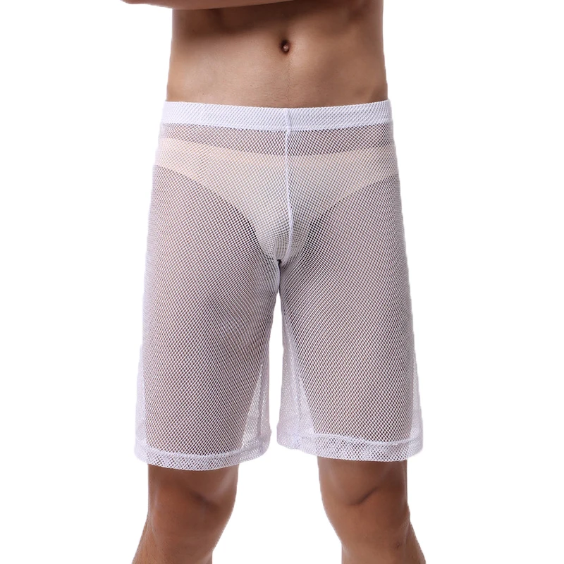 Mens Sleep Bottoms Mesh Transparent Casual Loose Fishnet Shorts Sheer Lingerie Pantalon Erotic Gay Sleepwear Slip Pyjamas Pants