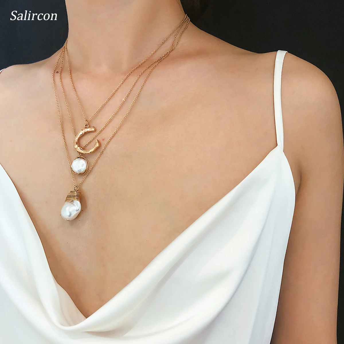 

Salircon Gold Silver Alloy Chain C Shape Pendant Necklace Elegant White Imitation Pearl Multi Layer Adjustable Necklace Women