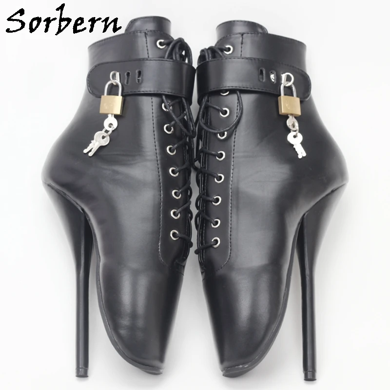 Sorbern Sexy Ankle Boots Women With Locks Ballet Stilettos Bdsm Fetish High Heels Lace Up Women Shoes Size 11 Black Heels New