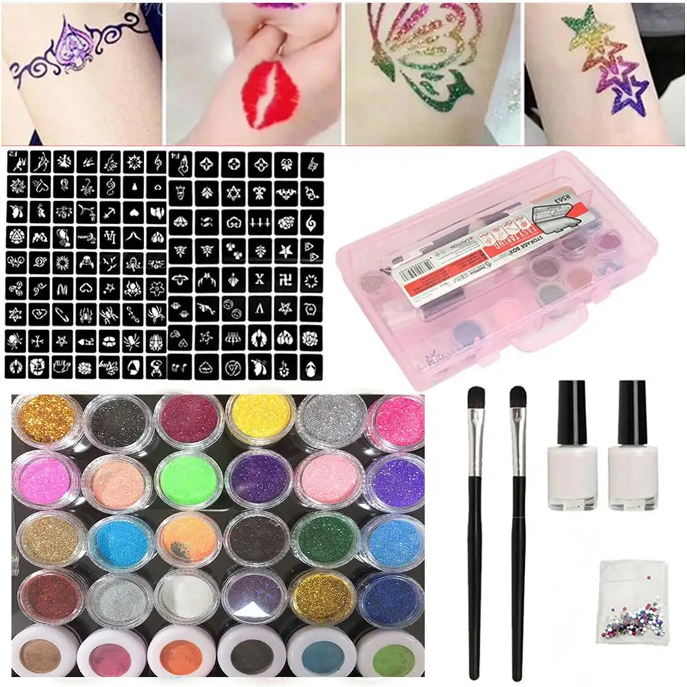 Glitter Tattoo Kits Colorful Body Painting Art Waterproof Temporary Tattoo for Adults Kids Face DIY Nail Painting Art MakeupTool