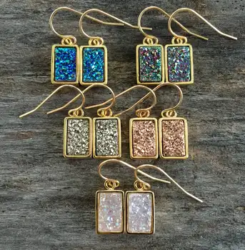 

3Pairs/Lot Natural Druzy Geode Agates Rectangle Beads Charms Dangle Hook Earrings Women Drusy Gold Earrings Handmade Jewelry