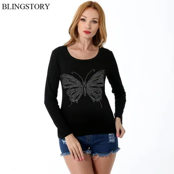 

BLINGSTORY Casual Oversized T Shirt Women Female Diamond Butterfly Large Size Long Sleeve Black T-shirt S-6XL