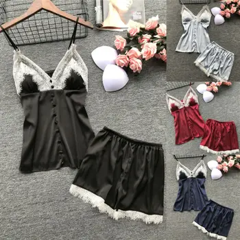 

2PCS Women Sexy Silk Satin Lace Sleepwear Sleeveless Deep V Ladies Babydoll Lingerie Nightie Tops+Shorts Pajamas Set