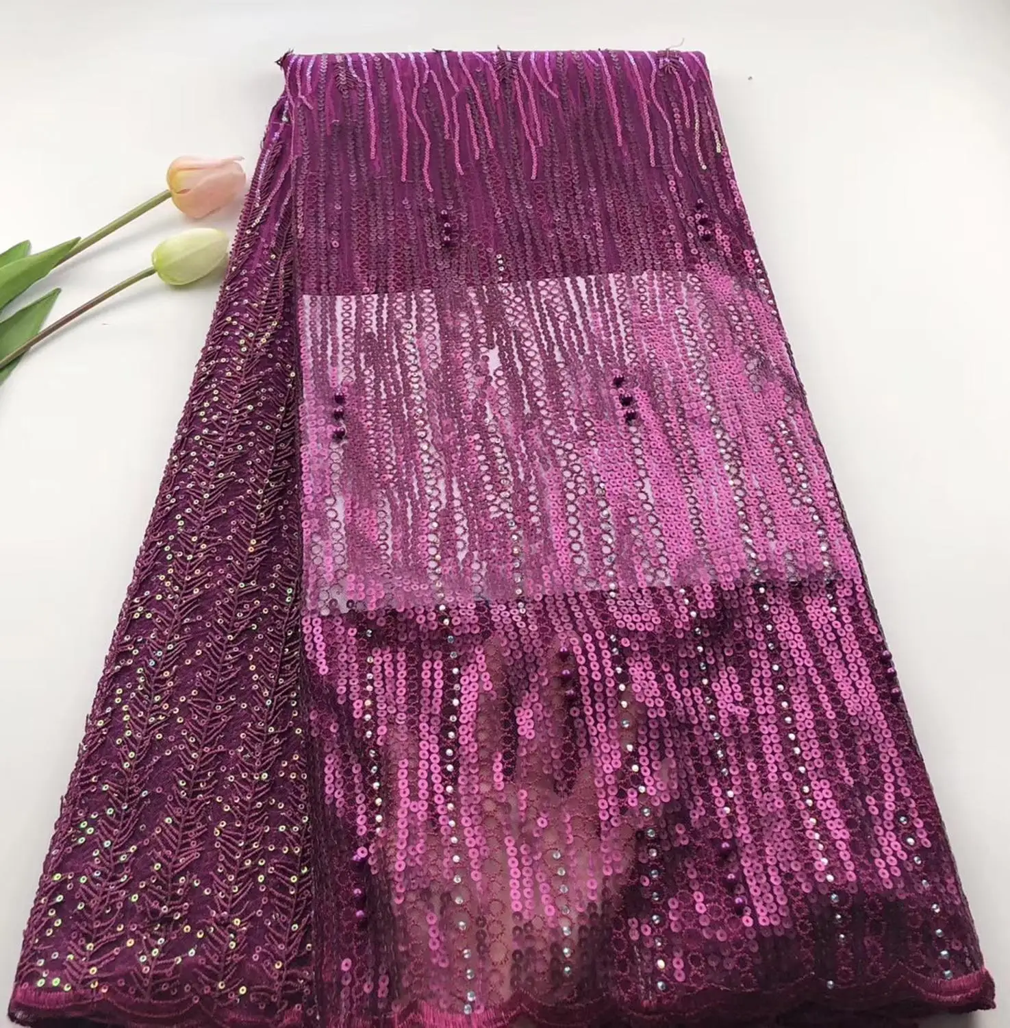

African lace fabric 5yds/pce sequins beaded embroidery mesh fabrics women gorgeous luxury lagos party asoebi bright dress 2020