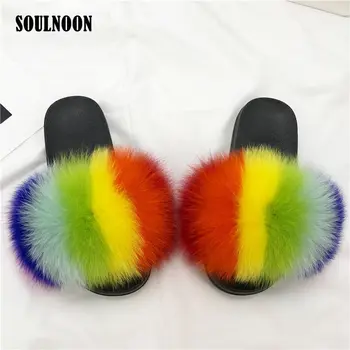 

Kids Fur Slippers Real Fox Fur Slides Multi-color Furry Slides For Girls Soft Home Shoes Plush Slippers Cute Sweet Flip Flops