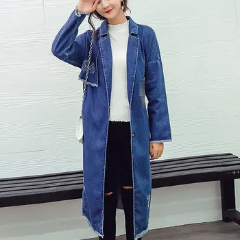 

Women's Mid-length Denim Jacket Lapel Lace Up Frayed Plus Size Loose Fashion 2020