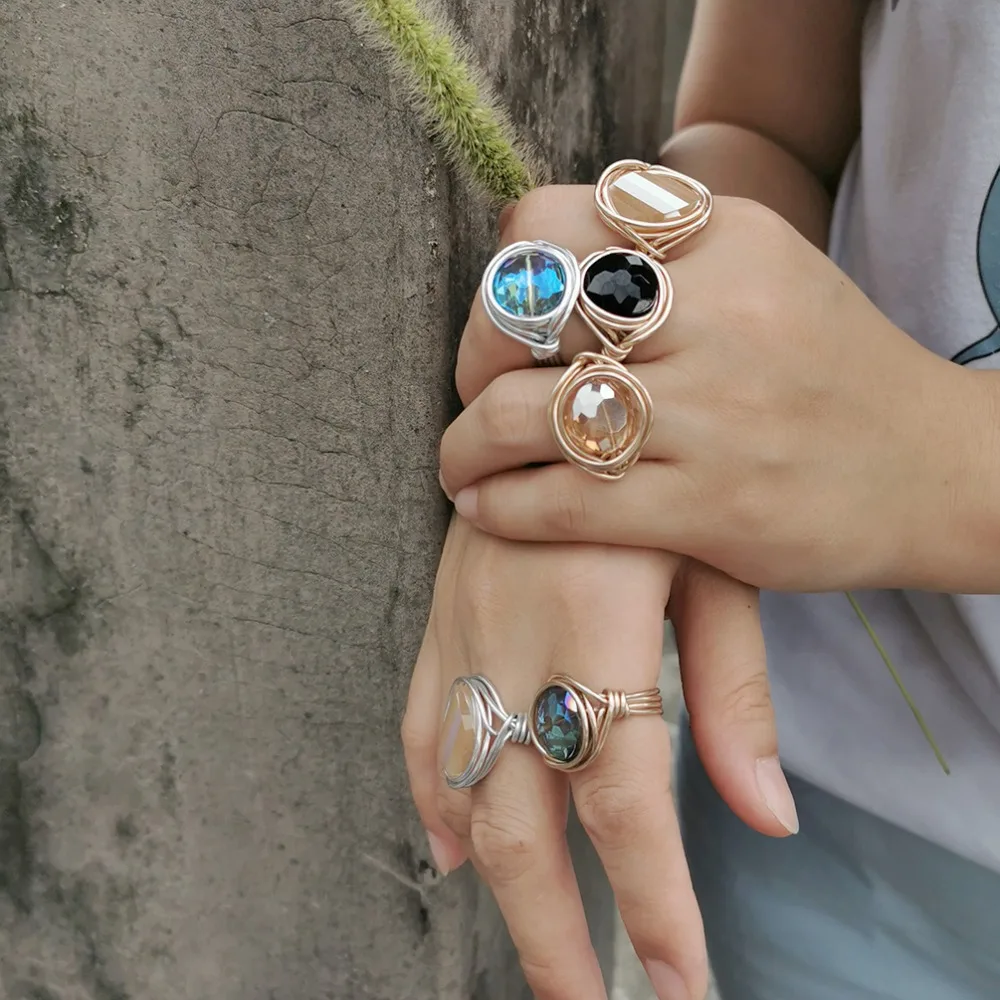 Gold Color Rings Finger Ring Gold Color Ring Boho Handmade Big Champagne Crystal Rings For Women Fashion Jewelry Gold Color Wire Helical Wound Beads Finger Ring