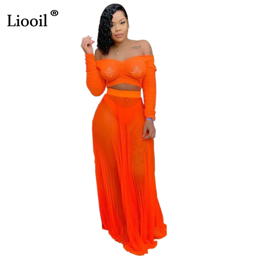 Liooil, сексуальное, прозрачное, Сетчатое, комплект из двух частей, свободное, плиссированное, макси платье, женская одежда для клуба, с открытыми плечами, с длинным рукавом, с рюшами, платье для ночного клуба