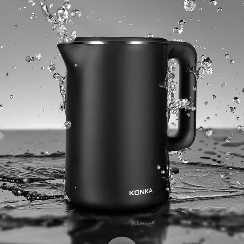 Новинка, электрический чайник KONKA, 304 л, с защитой от помех, кухонный бытовой чайник для воды, из нержавеющей стали - Цвет: black