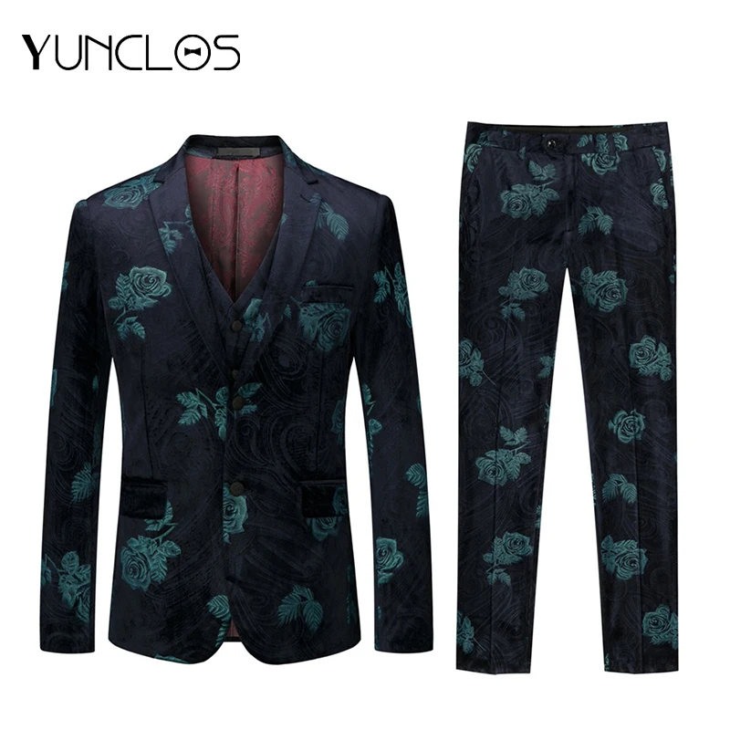 

YUNCLOS Black Jackets Blue Rose Men 3 Pieces Casual Party Men Suits Two Single-breasted Dinner Party Host Jackets+Vest+Pant