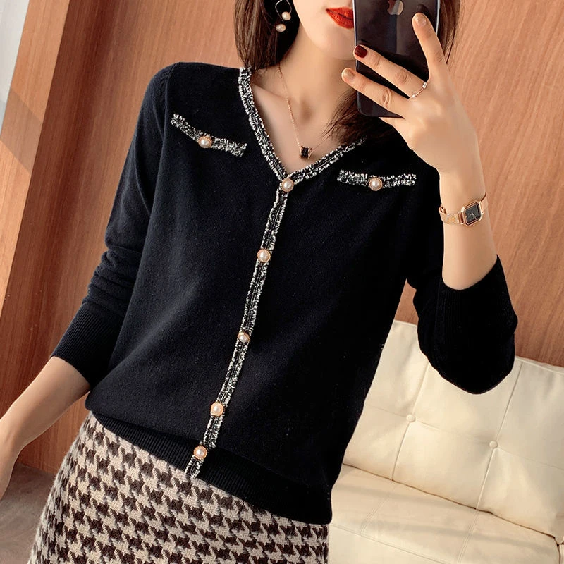 

Women Spring Autumn Style Knitted Pullover Sweater Lady Casual Long Sleeve V-Neck Pearl Button Knitted Pullover Tops ZZ1086