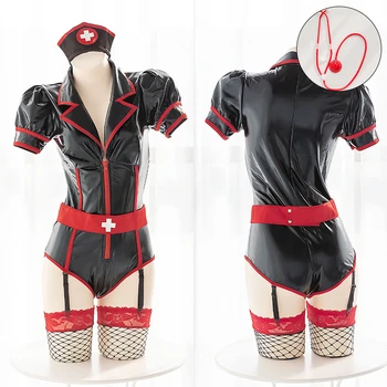 

Girls Dark killer Nurse Underwear Patent Leather Sleepwear Hard Sister Deep V-Neck Sexy Jumpsuits Mesh Stockings Suit Cosplay