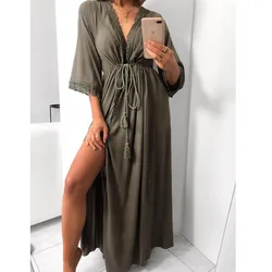 Womens Long Robe Homewear Soft Hollow Lace Tie Up Waist Slim Casual Long Loose Robedress   V Neck Bathdress