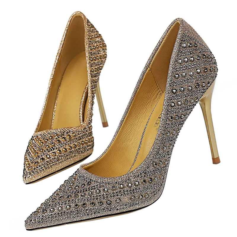 

2020 Women Stripper 9.5cm High Heels Gold Crytsal Luxury Pumps Lady Scarpins Pink Heels Sexy Crystal Wedding Bridal Office Shoes