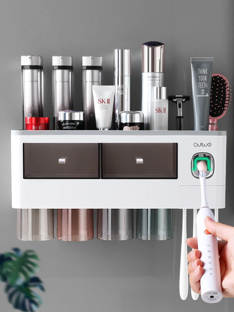 Toothbrush Holder Wall-Mounted Bathroom Accessories Punch-Free Storage Box Toothpaste Squeezer For Bathroom with cups 2 colors