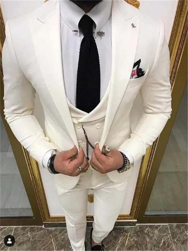 

New Arrival Men Suits Ivory Groom Tuxedos Peak Lapel Groomsmen Wedding Bridegroom 3 Pieces ( Jacket + Pants + Vest + Tie ) D144
