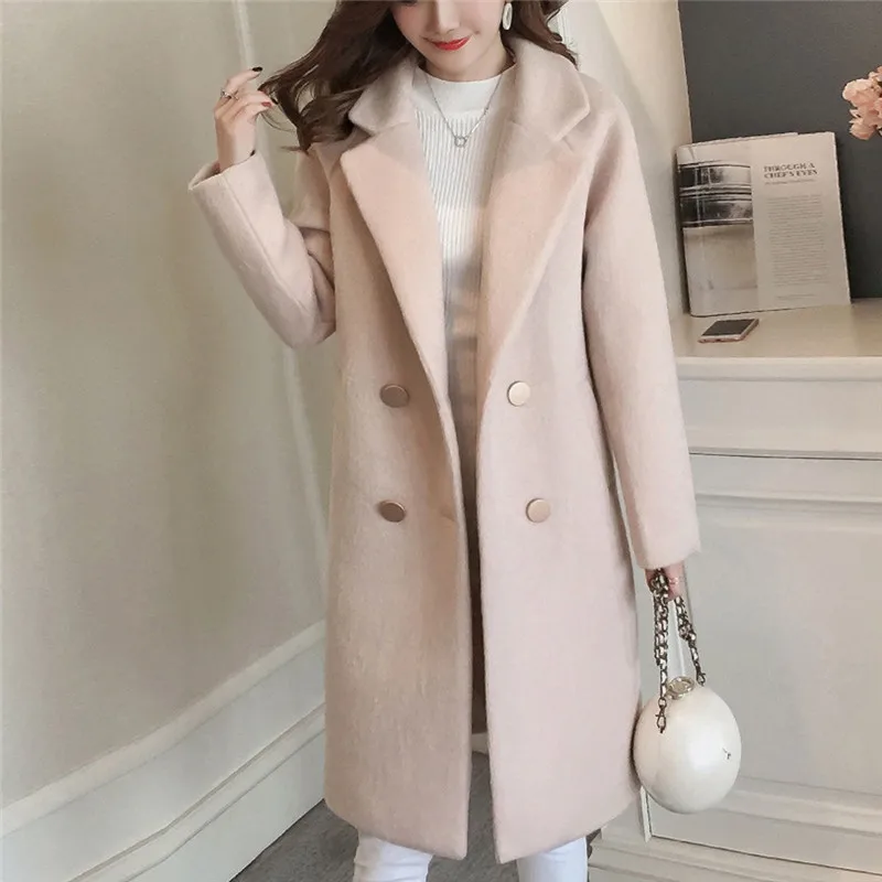 Женское пальто из смешанной ткани, для работы, однотонное, тонкое, винтажное, зимнее, для офиса, с длинным рукавом, на пуговицах, шерстяное пальто, пальто, Casacas Para Mujer N9 - Цвет: Beige