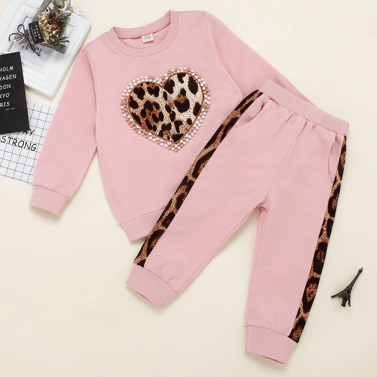 От 6 месяцев до 5 лет комплекты зимней одежды для маленьких девочек розовая леопардовая блузка с длинными рукавами длинные штаны, брюки осенний спортивный костюм