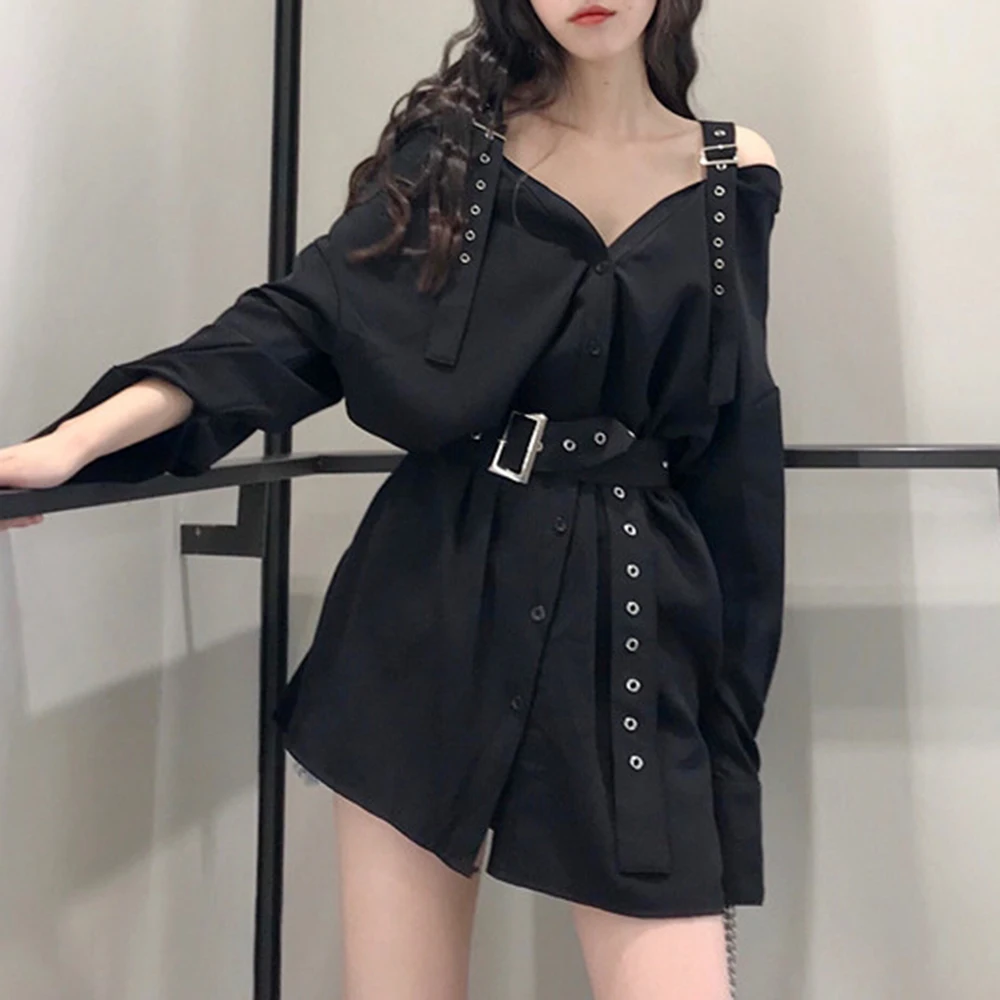 

Plus Size Goth Dress 2020 Autumn Fashion Style Black Women Dress Straight Belt Button Casual Plain Girls Female Gothic Dresses