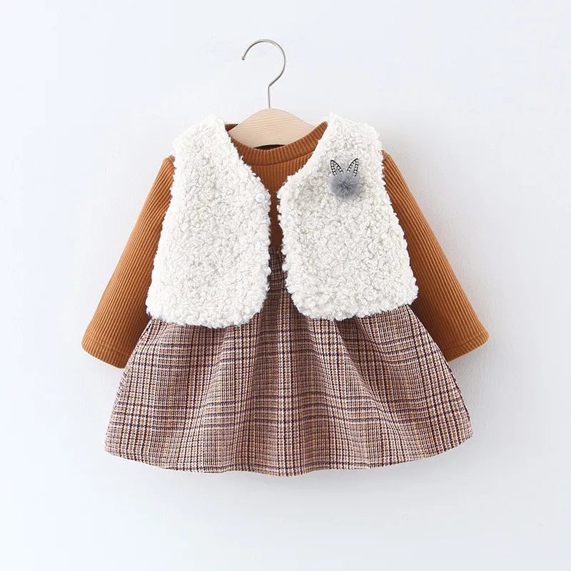 Sodawn Kids Girl Clothes Girl Dress Winter Baby Girl Clothing Sets Infant Toddler Costume Vest+Plaid Dress 2pcs Clothing Sets - Цвет: BT172-Brown