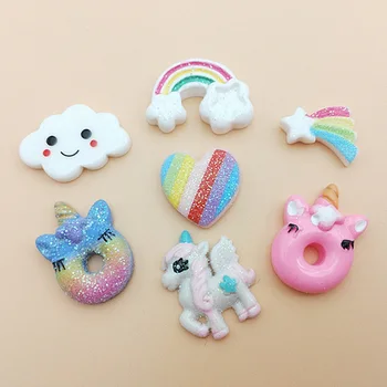

10Pcs Cartoon Glitter Rainbow Unicorn Heart Flatback Resin Cabochons Embellishments for Scrapbooking DIY Kid Hair Bows Center