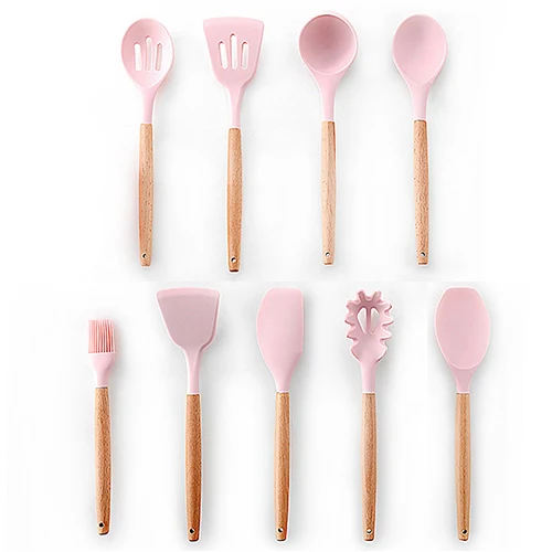 Pink 9PCS-A 9/10/11/12 шт. силиконовых кейсов Кухонные принадлежности комплект серьги и кулон "обжигающий станок деревянной ручкой с антипригарным покрытием шпатель набор инструментов с ящиком для хранения Кухня посуда - Цвет: Pink 9PCS-A