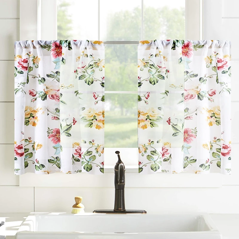 

CDIY Floral Short Curtains For Bedroom Living Room Sheer Volie Window Curtains For Kithcen Blinds Drapes Voile Roman Curtains