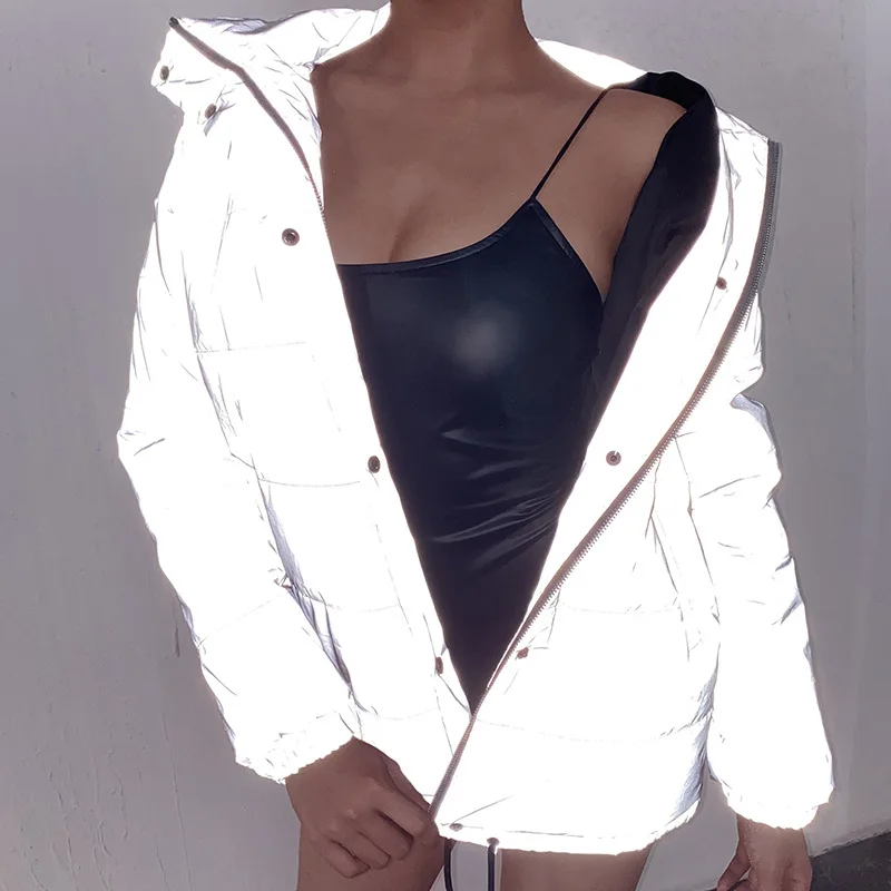 lower price  Reflective Gray Zipper Oversized Women Jackets Long Sleeve Button Loose Thick Cropped Jacket Sexy S