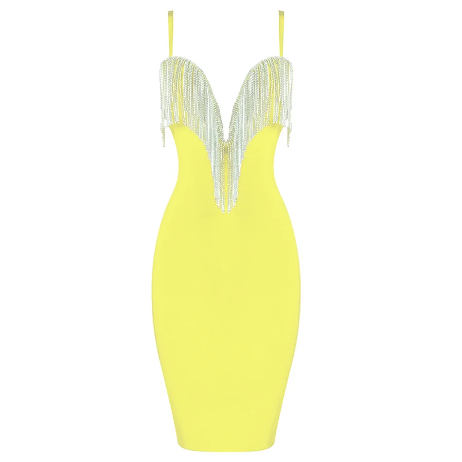 Очаровательные цепи ремни для бандажа платье дизайнер женщин V шеи Кристалл бахрома вискозный, обтягивающий клуб алмаз кисточкой летние мини платья - Цвет: yellow