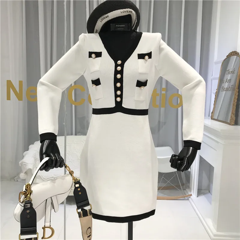 ALPHALMODA, новинка, зимнее вязаное платье с жемчужными пуговицами и v-образным вырезом, женское элегантное тонкое трикотажное платье, модная Мини Одежда