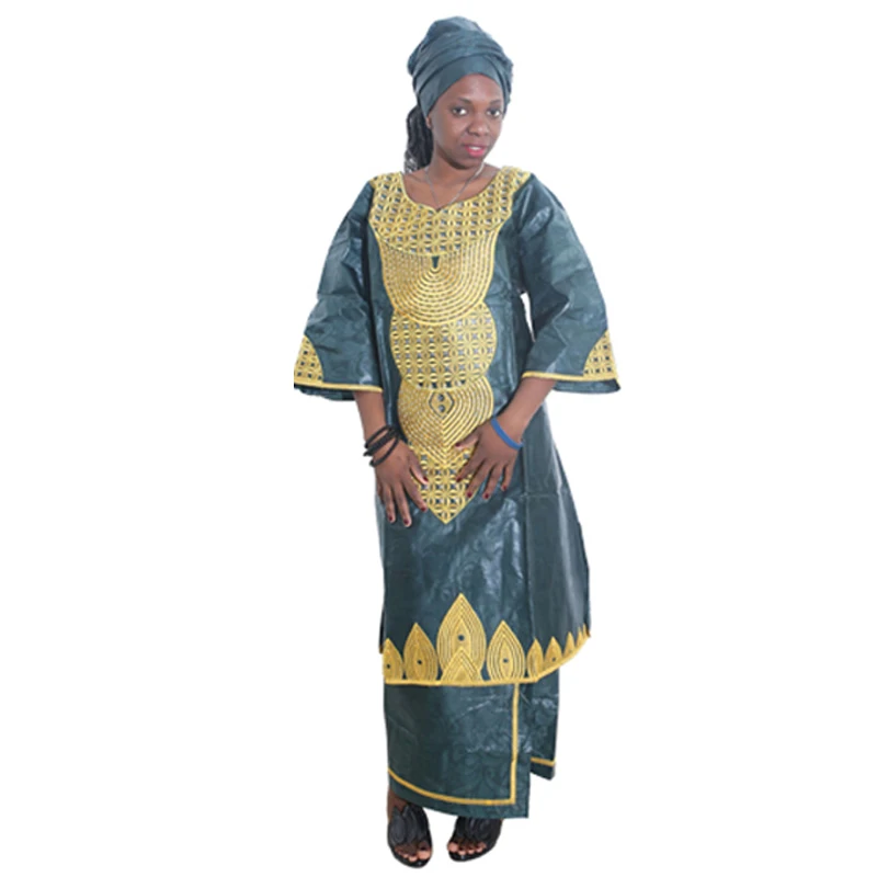 MD женское платье Базен Riche одежда платье с вышивкой с юбкой костюм Южная Африка традиционная одежда нигерийский Sego головной убор - Цвет: Зеленый