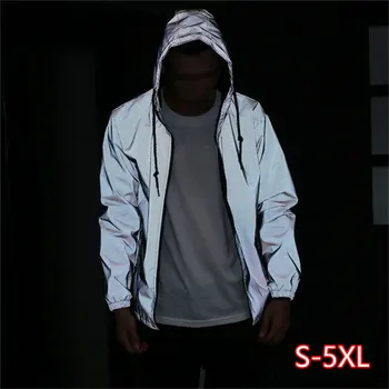 

Men's Jacket Reflective Casual Long Sleeve Hoodie Jacket Men/women Harajuku Windbreaker Jackets Hooded Streetwear Coat 2020