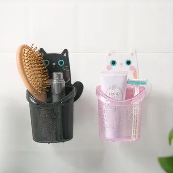 

Cute Cat Puch Free Toothbrush Holder Bathroom Wall Mounted Toothpaste Toothbrush Storage Bucket Toilet Toiletries Rack