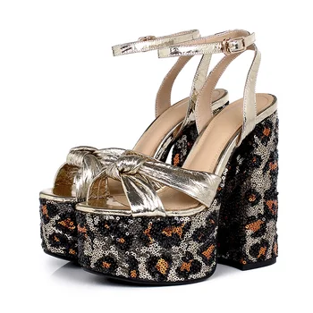

Womens Platform Open Toe Sequins Leopard Bling Super High Heel 15CM Chunky Sandals Slingbacks Summer Shoes Black Sliver Plus Sz