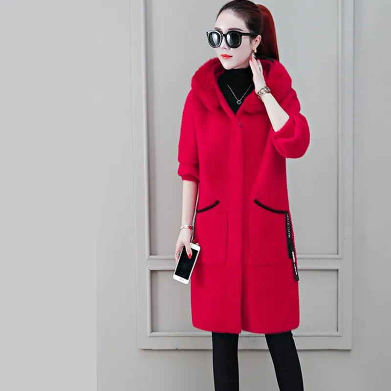 red UHYTGF подлинное зимнее пальто для женщин, качественное, золотое, Норковое, Кашемировое, Осеннее, шерстяное пальто с меховым воротником, с капюшоном, теплая шерстяная куртка размера плюс 976 - Цвет: red