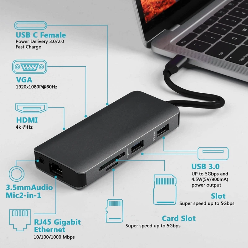 Док станция 9 в 1 USB C концентратор адаптер VGA HDMI сетевой порт o PD для ноутбука