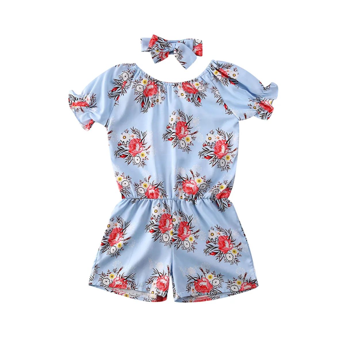 Летняя одежда для малышей, повседневный комбинезон для девочки-малыша с оборками и цветочным принтом, пляжная одежда, одежда с короткими рукавами - Цвет: Синий