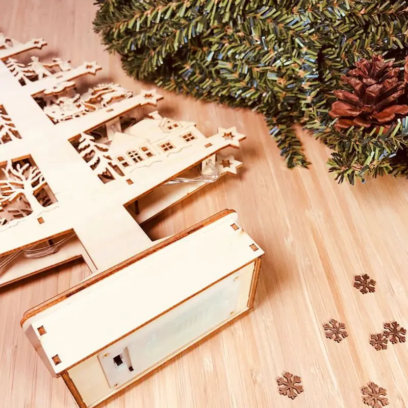 

Wooden Christmas Ornament Xmas Tree with LED String Light DIY Craft Table Holiday Decoration New Year Toys Kids Gift 72XF