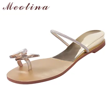 

Meotina Real Leather Mid Heels Slippers Flip Flops Rhinestone Wedge Heel Ladies Slides Causal Sandals Summer Female Shoes Golden