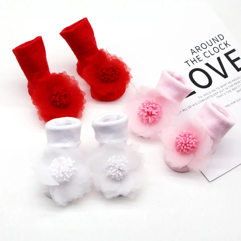 Baby Infant Socks Flower Gauze Toddler Girls Anti-slip Stockings Solid Color Bowknot Anti-Slip Cute Wild Cotton Long Stock |